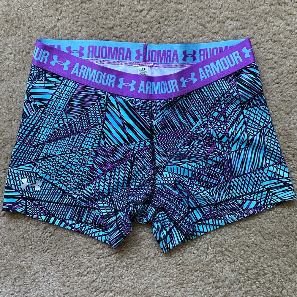 Under Armour shorty compression shorts, blue and purple, size L